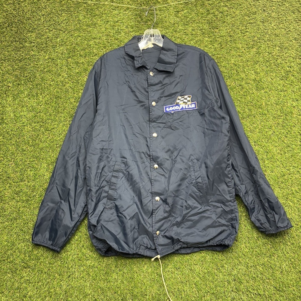 Vintage 80s Goodyear Racing Jacket Mens Medium USA Blue Windbreaker Snap Close